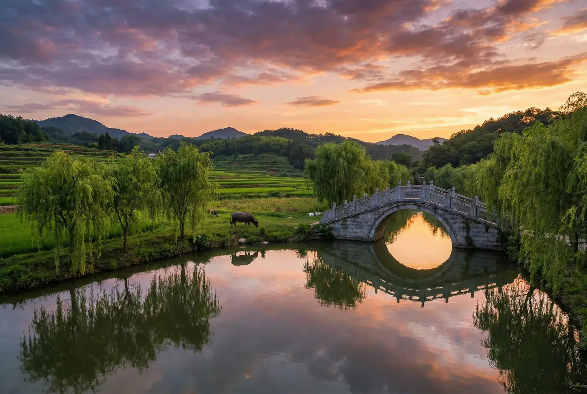 夕阳下的石拱桥与垂柳，水牛在河边吃草 - 免费正能量不良网站入口 乡村美景